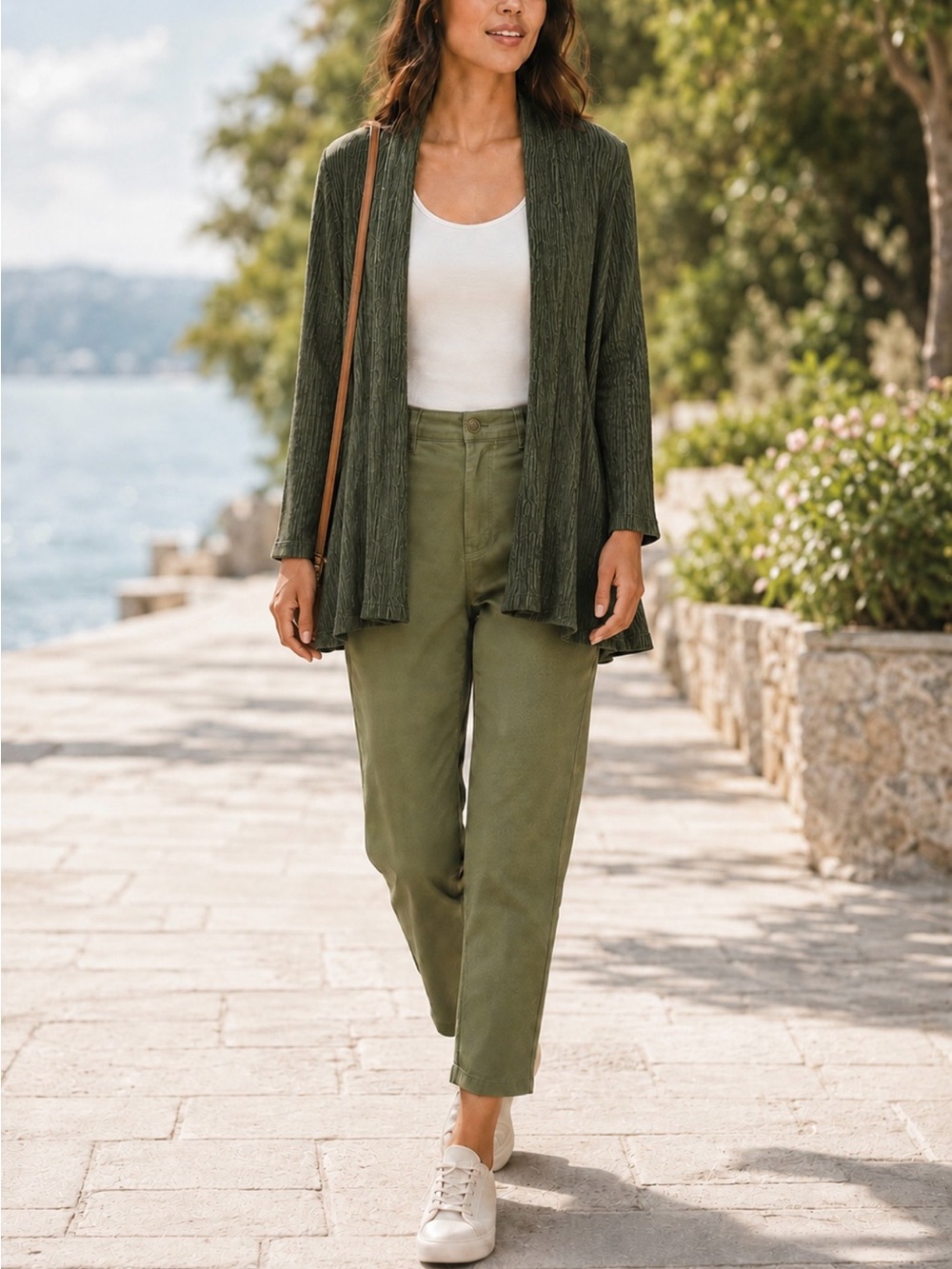 Pure Jill Double Gauze Crinkle Cotton Open Front Topper Cardigan Olive Green M